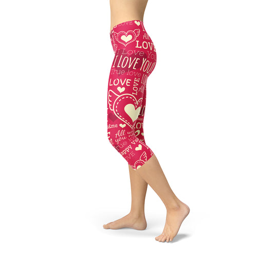 Women's Premium Love Hearts Red Capri Leggings