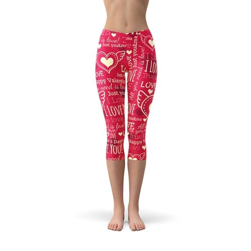 Women's Premium Love Hearts Red Capri Leggings