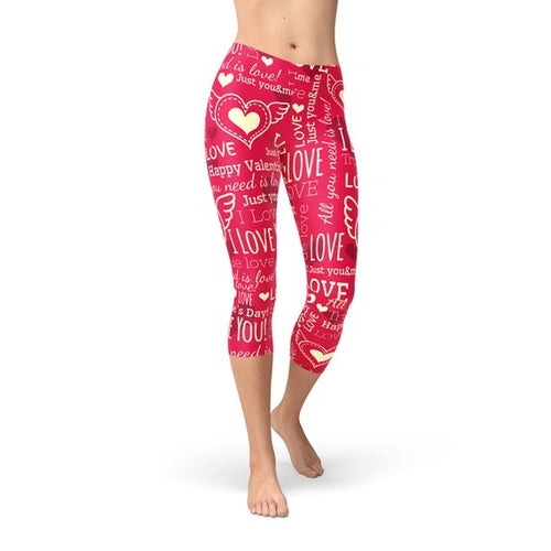 Women's Premium Love Hearts Red Capri Leggings